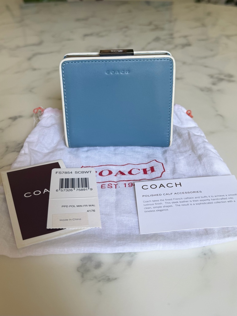 COACH Vintage Y2K Polished Calfskin Leather Mini Framed Wallet 7854 Pool Blue